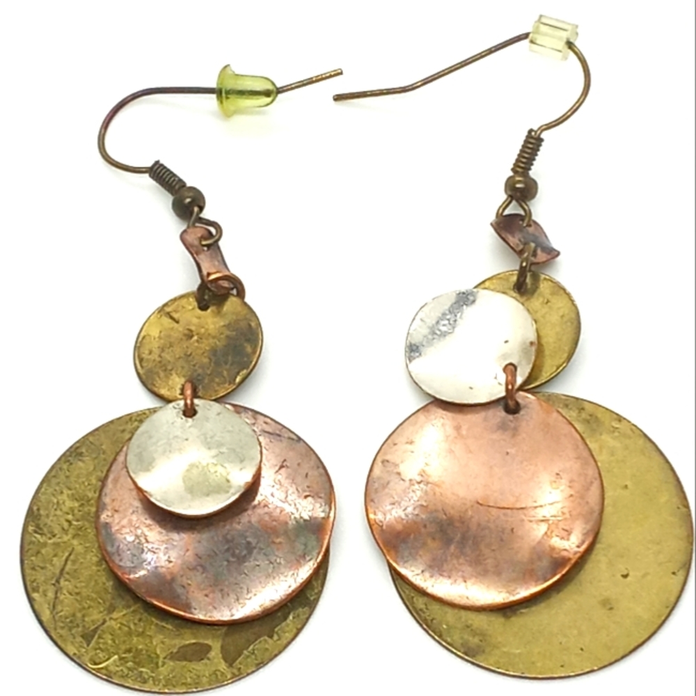 Brutalist Style Dangle Earrings Hanging Disks Copper Brass Silver Colored